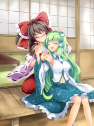  2girls artistic_error bad_id bad_pixiv_id bare_shoulders blush bow breasts brown_hair closed_eyes detached_sleeves extra_digits flan_(zhd91) frog_hair_ornament green_hair hair_ornament hair_tubes hairbow hakurei_reimu highres kochiya_sanae long_hair medium_breasts multiple_girls photoshop_(medium) sitting skirt smile snake touhou 