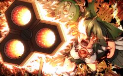  alternate_weapon arm_cannon black_hair black_wings bow breasts commentary_request fangs female fire hairbow highres long_hair medium_breasts open_mouth radiation_symbol red_eyes reiuji_utsuho solo symbol-shaped_pupils third_eye tora_(trampjing) touhou weapon wings 