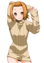  brown_eyes brown_hair commentary_request female grin hairband highres k-on! naked_sweater ribbed_sweater shinama short_hair simple_background smile solo sweater tainaka_ritsu turtleneck white_background 