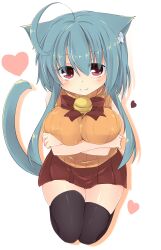  absurdres animal_ears bell black_thighhighs blue_hair blush breast_hold breasts cat_ears cat_tail commentary_request crossed_arms dodome-iro_mayonnaise female heart highres large_breasts necco_(tefun) orange_shirt original photoshop_(medium) red_eyes ribbed_sweater ribbon shirt sidelocks simple_background sitting skirt sleeveless sleeveless_turtleneck smile solo sweater tail thighhighs turtleneck zettai_ryouiki 