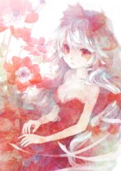  alternate_costume bonnou-s-rice bow breasts cleavage commentary_request dress female flower fujiwara_no_mokou hairbow red_dress red_eyes small_breasts solo strapless strapless_dress touhou white_hair 