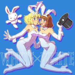  2girls animal_ears bird blonde_hair blue_eyes bow bowtie brown_hair commentary_request detached_collar dove elbow_gloves fukusuke_hachi-gou gloves hat highres holding_hands interlocked_fingers multiple_girls original pantyhose playboy_bunny rabbit rabbit_ears rabbit_tail short_hair stuffed_animal stuffed_rabbit stuffed_toy symmetry tail top_hat wrist_cuffs 