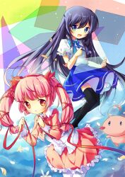  2girls :d bad_id bad_pixiv_id black_legwear blue_eyes blue_hair blush_stickers dress feathers hat hat_ribbon holding long_hair low-tied_long_hair multiple_girls open_mouth original pf photoshop_(medium) pink_hair red_eyes ribbon smile thighhighs twintails 