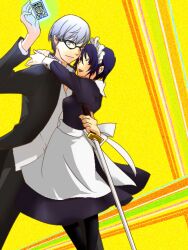  1boy alternate_costume apron bad_id bad_pixiv_id blue_eyes blue_hair card couple enmaided female glasses grey_hair hug kknoe maid maid_headdress narukami_yuu pantyhose persona persona_4 shirogane_naoto short_hair straight sword waist_hold weapon wrist_cuffs 