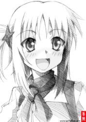  :d blush commentary_request female gofu greyscale hair_ornament kore_wa_zombie_desu_ka? monochrome open_mouth shuriken smile solo spot_color traditional_media weapon yoshida_yuki_(korezom) 