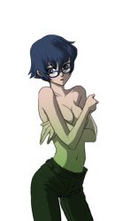  blue_eyes blue_hair breast_press breasts cleavage commentary_request crossed_arms female glasses hair_between_eyes hip_focus medium_breasts nika_(nikasa_an) open_mouth pants persona persona_4 photoshop_(medium) shirogane_naoto short_hair solo standing 