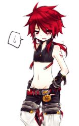  1boy androgynous blush elsword elsword_(character) fingerless_gloves gloves lolicon male male_focus midriff navel pants_pull ponytail red_eyes red_hair rune_slayer simple_background solo standing sweatdrop tattoo trap undressing white_background yutano_(hunihoni2) 