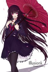  bad_id bad_pixiv_id bell black_hair black_pantyhose blunt_bangs blush commentary_request female ghost highres hime_cut illusionk kanoe_yuuko long_hair open_mouth pantyhose petals photoshop_(medium) red_eyes school_uniform serafuku skirt smile solo tasogare_otome_x_amnesia umbrella very_long_hair 