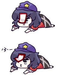  11837_(happyd_ay) blowing chibi commentary_request female frills frown hat hat_ornament jiangshi lying miyako_yoshika o3o ofuda on_stomach pale_skin simple_background solo star_(symbol) star_hat_ornament touhou white_background 