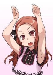  armpits arms_up brown_eyes brown_hair commentary_request female hair_ribbon idolmaster idolmaster_(classic) long_hair minase_iori oerba_yun_fang open_mouth rabbit_pose ribbon solo ttomm 