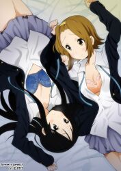  2girls akiyama_mio artist_name black_eyes black_hair blazer blue_bra blush bra brown_eyes brown_hair commentary_request hairband jacket k-on! lingerie long_hair multiple_girls open_clothes open_shirt photoshop_(medium) ribbon rotational_symmetry sakuragaoka_high_school_uniform school_uniform short_hair skirt sweat tainaka_ritsu unbuttoned underwear upside-down yamasaki_wataru 