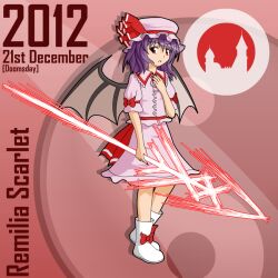  2012 ascot bat_wings boots commentary_request dra2k4 dress female hat purple_hair red_eyes remilia_scarlet ribbon solo spear_the_gungnir touhou wings 