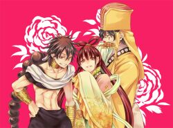  2boys baggy_pants black_hair braid chinese_clothes commentary_request female hair_ornament hair_rings hand_fan hat jewelry judal ka_koubun long_hair magi_the_labyrinth_of_magic midriff miho_(mi) multiple_boys neck_ring pants photoshop_(medium) red_eyes red_hair ren_kougyoku short_hair single_braid smile yellow_eyes 