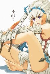  barefoot barioth_(armor) capcom feet female highres monster_hunter monster_hunter_3 purple_eyes solo undressing white_hair yaman 