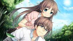  1boy blue_eyes brother_and_sister brown_hair carrying cura female forest game_cg glasses highres leaf lens_flare monobeno nature non-web_source outdoors piggyback ribbon sawai_natsuha sawai_tooru siblings smile tree wind 