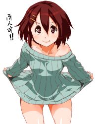  bare_shoulders bottomless brown_hair clothes_lift collarbone commentary female hair_ornament hairclip hirasawa_yui k-on! looking_at_viewer naked_sweater off_shoulder ribbed_sweater shinama shirt_lift short_hair simple_background smile solo sweater translated white_background 