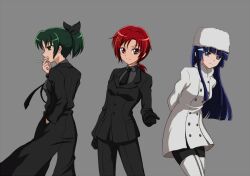  3girls an-bl aoki_reika artoria_pendragon_(fate) commentary_request cosplay emiya_kiritsugu emiya_kiritsugu_(cosplay) fate/stay_night fate/zero fate_(series) formal grey_background hino_akane_(smile_precure!) irisviel_von_einzbern irisviel_von_einzbern_(cosplay) midorikawa_nao multiple_girls pant_suit pants pantyhose precure saber_(fate) saber_(fate)_(cosplay) season_connection smile_precure smoking suit 