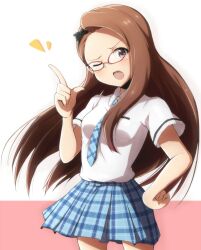  bespectacled blush brown_eyes brown_hair commentary_request female glasses hairband hand_on_own_hip highres idolmaster idolmaster_(classic) long_hair minase_iori necktie one_eye_closed plaid plaid_skirt rariemonn rough_time_school_(idolmaster) school_uniform skirt solo 