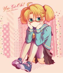  artist_request blonde_hair glasses green_eyes rebecca_hopkins school_uniform shoes skirt sneakers thighhighs yuu-gi-ou yuu-gi-ou_duel_monsters 