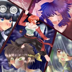  2boys 3girls blue_hair brown_eyes commentary_request hibiki_ryouga highres mousse_(ranma_1/2) multiple_boys multiple_girls ranma_1/2 red_hair saotome_ranma shampoo_(ranma_1/2) short_hair tendou_akane 