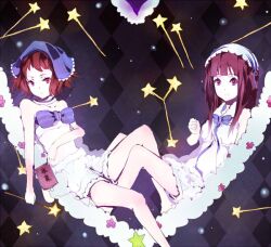  2girls black_hair bow brown_hair chitanda_eru commentary_request hyouka ibara_mayaka legs long_hair long_legs madoromi_no_yakusoku midriff multiple_girls nightgown purple_eyes red_eyes see-through short_hair star_(symbol) tenne 