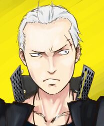  1boy bad_id bad_pixiv_id delinquent ear_piercing earrings frown grey_eyes hair_slicked_back jacket jacket_on_shoulders jewelry looking_away male_focus necklace persona persona_4 piercing scar seiichi_yuumi solo tatsumi_kanji white_hair widow&#039;s_peak 