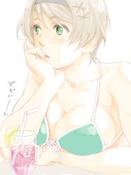  arm_support axis_powers_hetalia bare_shoulders bikini blue_hairband breasts cleavage collarbone commentary drink drinking_straw female front-tie_top glass green_eyes grey_hair hair_ornament hairband hairclip hairpin head_rest ice ice_cube inukan large_breasts light_brown_hair looking_away open_mouth parted_lips short_hair simple_background solo swimsuit tegaki ukraine_(hetalia) upper_body white_background 