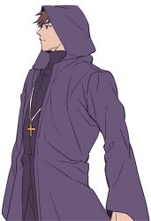  1boy bad_id black_eyes brown_hair coat cross cross_necklace fate/zero fate_(series) hood jewelry kotomine_kirei long_coat male_focus necklace solo white_background zihad 