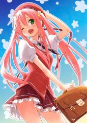  absurdres briefcase cafe_sourire eretto female highres indoors long_hair mizushima_serika no_panties one_eye_closed open_mouth photoshop_(medium) pink_hair skirt solo vest 