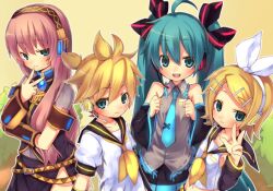  1boy 3girls ahoge aqua_eyes aqua_hair bare_shoulders blonde_hair commentary_request detached_sleeves hair_ornament hair_ribbon hairclip hatsune_miku headset ju-zika kagamine_len kagamine_rin long_hair megurine_luka multiple_girls necktie pink_hair ribbon skirt twintails very_long_hair vocaloid 