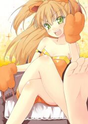  animal_ears animal_hands b-ginga bare_shoulders barefoot blonde_hair cat_ears cat_paws commentary_request crossed_legs eyelashes feet female foot_focus gloves green_eyes head_rest idolmaster idolmaster_cinderella_girls jougasaki_rika legs long_hair open_mouth orange_shorts paw_gloves shorts sitting soles solo sparkle star-shaped_pupils star_(symbol) symbol-shaped_pupils toes two_side_up 