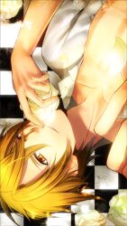  1boy amnesia_(idea_factory) bad_id bad_pixiv_id blonde_hair checkered_background flower makiko_(karakusa_maki) male_focus orange_eyes rose smile toma_(amnesia) upside-down yellow_flower yellow_rose 