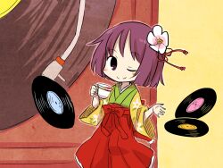  blush commentary_request cup female flower green_kimono hair_flower hair_ornament hieda_no_akyuu japanese_clothes kimono long_sleeves one_eye_closed purple_hair record short_hair smile solo teacup touhou wide_sleeves yamabuki_(yusuraume) 