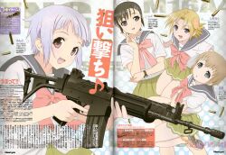  4girls :d absurdres assault_rifle blue_eyes blush bow bowtie brown_hair cartridge copyright_name fn_fnc fnc_(upotte!!) gun hair_bun hair_ornament hairclip highres l85a1_(upotte!!) m16a4_(upotte!!) magazine_scan multiple_girls newtype nishiya_yasushi no_nose official_art open_mouth orange_hair purple_eyes red_eyes rifle scan school_uniform serafuku sg550_(upotte!!) short_hair silver_hair single_hair_bun smile takami_akio upotte!! watch weapon wristwatch 