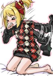  &gt;_&lt; alternate_hairstyle argyle bare_legs barefoot blush closed_eyes commentary_request contemporary coughing female hair_bobbles hair_ornament kingin kneeling long_sleeves oversized_clothes ponytail rumia sleeves_past_wrists solo sweater touhou 