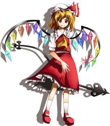  ascot blonde_hair fangs female female flandre_scarlet hat laevatein ribbon shoes skirt smile socks solo ssgt-lulz touhou wings 