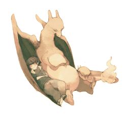  1boy bad_id bad_pixiv_id charizard fire flame-tipped_tail luce-in-the-sky photoshop_(medium) pikachu pokemon pokemon_(creature) pokemon_rgby red_(pokemon) sleeping 