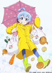  ahoge blue_eyes blue_hair blue_pantyhose blush carrot eating female food looking_at_viewer medaka_box onion pantyhose photoshop_(medium) pocky raincoat shinagawa_hiroki shiranui_hansode short_hair smile solo umbrella yellow_raincoat 