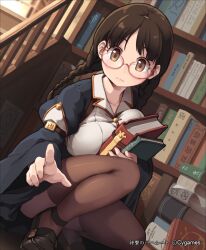  bad_id bad_pixiv_id black_thighhighs book braid breast_press breasts brown_eyes brown_hair female glasses large_breasts legs len_(a-7) miina_(shingeki_no_bahamut) shingeki_no_bahamut solo squatting thighhighs twin_braids twintails unaligned_breasts watermark 