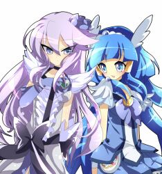  2girls aoki_reika bad_id bad_pixiv_id blue_eyes blue_hair blue_skirt bow bowtie brooch cure_beauty cure_moonlight elbow_gloves flower gloves hair_flower hair_ornament head_wings heart heart_brooch heartcatch_precure! in-franchise_crossover jewelry long_hair magical_girl multiple_girls payu_(arucure) precure purple_eyes purple_flower purple_hair purple_rose ribbon rose single_elbow_glove single_glove skirt smile_precure tiara tsukikage_yuri waist_bow white_background wings 