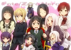  1boy 6+girls :d :o aged_down ahoge artoria_pendragon_(fate) assassin_(fate/zero) awkward black_eyes black_hair black_pantyhose blonde_hair blue_eyes blush bob_cut bow bowtie braid business_suit capelet chair clenched_hand closed_eyes commentary_request copyright_name dress empty_eyes english_text fate/apocrypha fate/zero fate_(series) female_assassin_(fate/zero) formal green_eyes hair_between_eyes hair_ribbon hand_on_own_cheek hand_on_own_face headpiece heart hisau_maiya holding_own_arm illyasviel_von_einzbern irisviel_von_einzbern jeanne_d&#039;arc_(fate) jeanne_d&#039;arc_(ruler)_(fate) jewelry lolicon long_hair marimo_danshaku matou_sakura mother_and_daughter multiple_girls necktie odd_one_out open_mouth otoko_no_ko pantyhose pointing pointing_at_viewer ponytail purple_eyes purple_hair red_eyes red_hair ribbon saber_(fate) short_hair siblings single_braid sisters sitting skirt smile sola-ui_nuada-re_sophia-ri suit tohsaka_aoi tohsaka_rin twintails v-shaped_eyebrows waver_velvet white_hair 