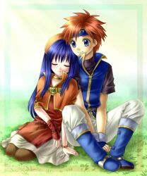  1boy belt blue_eyes blue_hair boots closed_eyes commentary_request female fingerless_gloves fire_emblem fire_emblem:_the_binding_blade gloves grass head_on_another&#039;s_shoulder headband highres lilina_(fire_emblem) long_hair pantyhose red_hair roy_(fire_emblem) sitting sleeping sleeping_upright smile yuino_(fancy_party) 