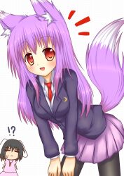  !? 2girls alternate_animal_ears animal_ears between_breasts blush breasts carrot carrot_necklace commentary_request fox_ears fox_tail hestia_(neko_itachi) inaba_tewi jewelry kemonomimi_mode leaning_forward light_purple_hair looking_at_viewer medium_breasts multiple_girls necklace necktie pantyhose pendant pleated_skirt pun rabbit_ears red_eyes red_necktie reisen_udongein_inaba skirt smile tail touhou 