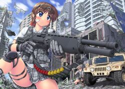  5girls aircraft assault_rifle bandolier blonde_hair blue_eyes blush bolt_action brown_hair city commentary_request destruction elbow_pads eyewear_on_head gloves gun gun_sling hase_yu helicopter holding holding_gun holding_weapon humvee knee_pads load_bearing_vest m4_carbine motor_vehicle multiple_girls original outdoors pink_hair plaid plaid_skirt pump_action remington_model_700 rifle shotgun skirt sniper_rifle spas-12 sunglasses tiltrotor trigger_discipline v-22_osprey vest war weapon when_you_see_it 