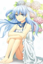  bare_shoulders barefoot blue_eyes blue_hair expressionless female flower hair_between_eyes hydrangea jenevan long_hair lowres photoshop_(medium) ribbon sitting skirt solo sword_girls two_side_up white_skirt 