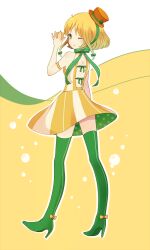  ayu_(mog) bad_id bad_pixiv_id blonde_hair boots c.c._lemon c.c._lemon_(character) dress female food fruit green_eyes green_footwear green_thighhighs hat highres lemon one_eye_closed personification short_hair smile solo thigh_boots thighhighs 