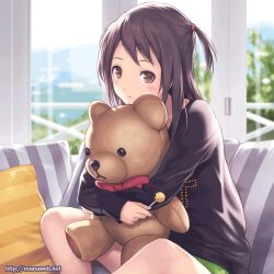  :d ^_^ animated animated banned_artist bare_legs blinking blush brown_hair candy closed_eyes doll_hug food ilog kuki_hitomi light_smile lollipop long_hair looking_at_viewer mana_kakkowarai official_art open_mouth side_ponytail sitting smile solo stuffed_animal stuffed_toy sweater talking teddy_bear watermark web_address yellow_eyes 