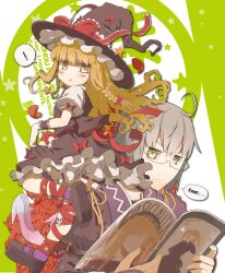  ! 1boy ahoge blonde_hair bloomers blush blush_stickers bow braid bridal_gauntlets choker collarbone commentary_request crescent female frills glass_slipper glasses gothic_lolita grey_hair hairbow hat hat_bow kirisame_marisa lolita_fashion long_hair long_sleeves magazine_(object) mary_janes morichika_rinnosuke ooide_chousuke open_mouth photoshop_(medium) shoes short_hair skull touhou underwear witch witch_hat yellow_eyes 