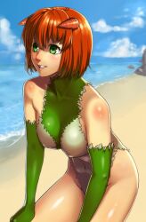  bare_shoulders beach bob_cut breasts commentary_request day female green_eyes horns large_breasts monster_farm orange_hair outdoors serenity_(monster_farm) short_hair smile solo tkln 