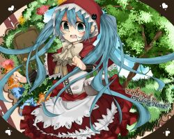  aqua_hair basket commentary_request cosplay dress female green_eyes hatsune_miku little_red_riding_hood little_red_riding_hood_(grimm) little_red_riding_hood_(grimm)_(cosplay) long_hair nakura_hakuto open_mouth photoshop_(medium) solo tree twintails very_long_hair vocaloid 